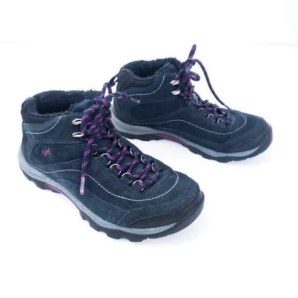 Ryka Canyon Shearling Suede Leather Hiking Boots Size 6.5 Navy, Purple Ties - Picture 1 of 6